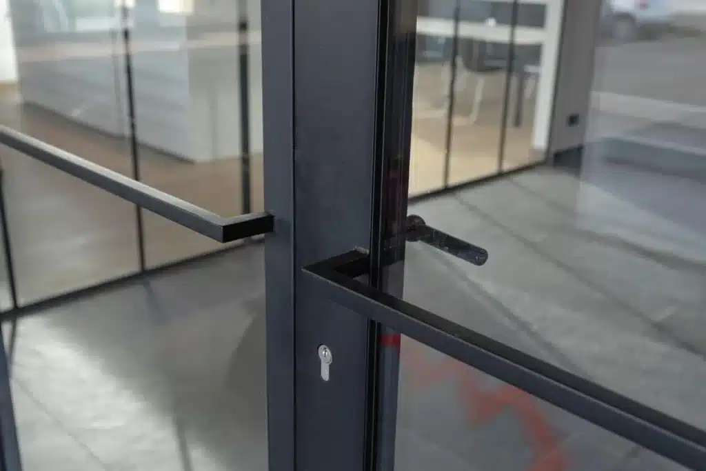 Detail van de zwarte greep en het slot op een stalen kantoordeur in de glazen scheidingswand.