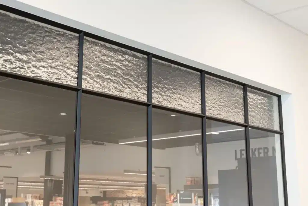 Detail van het gehard kathedraalglas in de stalen bovenlichten boven helder glas, met de winkel erachter.