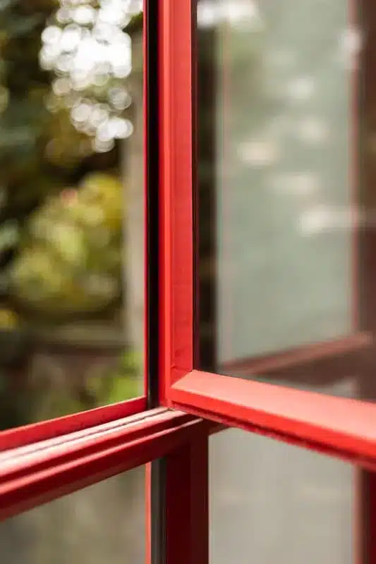 Detail van een geopende draaivleugel met thermisch onderbroken rood stalen profiel en hoogrendementsglas.