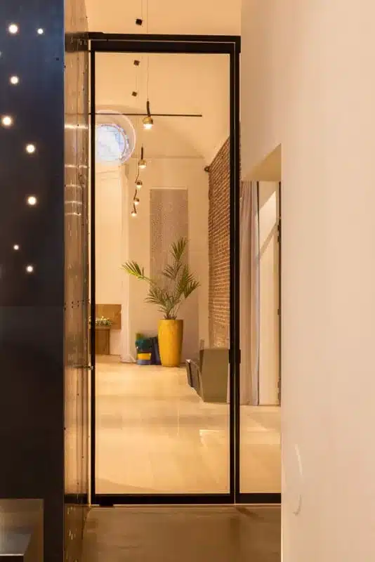 Staand zicht op een hoge stalen pivotdeur met helder glas, met doorkijk naar de zaal en een plant in een pot.
