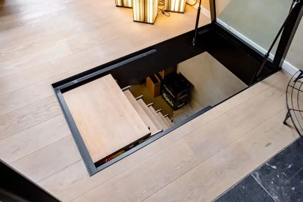 Geopend glazen kelderluik op gasveren, volgens een eigen ontwerp, met de trap naar de wijnkelder.