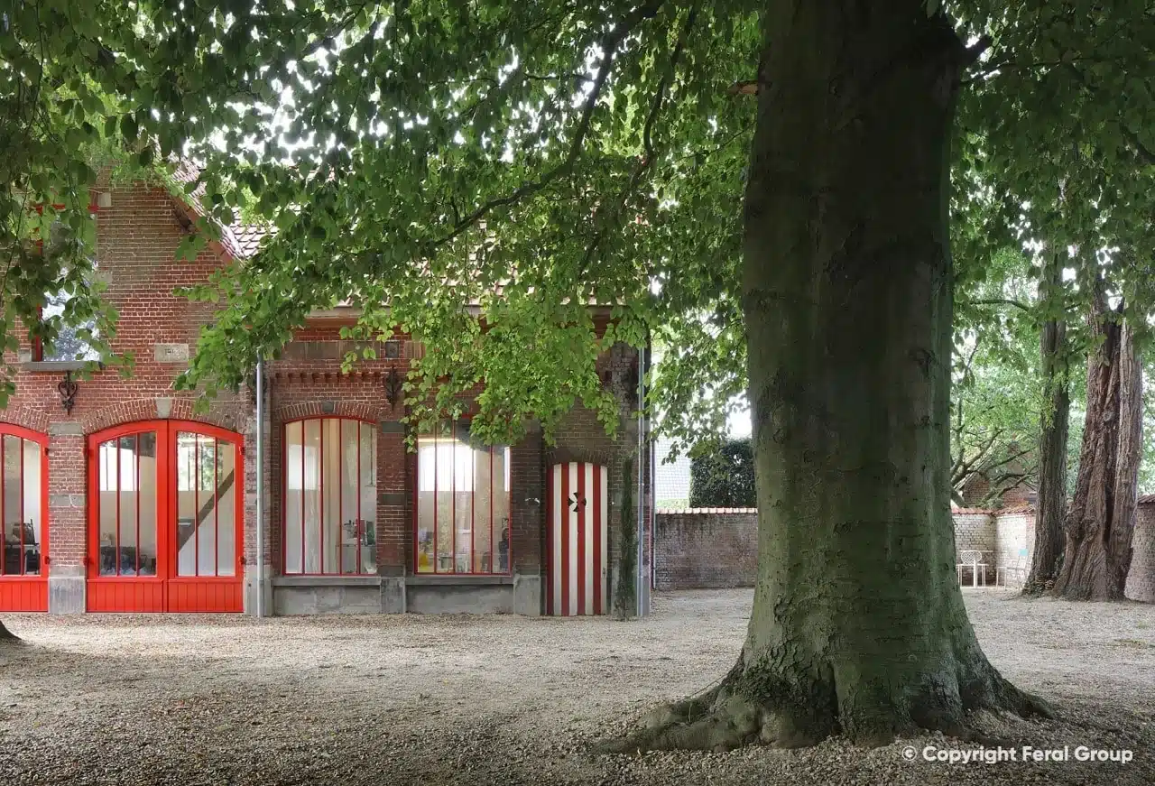 Gerenoveerde Vlaamse schuur met klassieke rode stalen ramen en deuren, onder een grote oude boom.