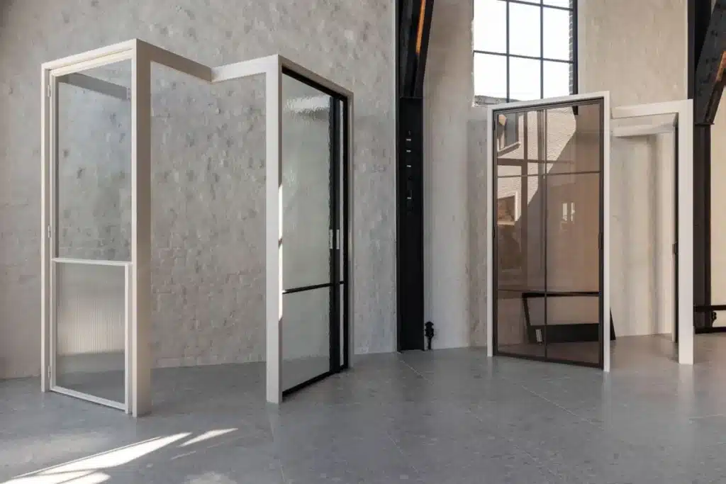 Stalen deuren in verschillende uitvoeringen in de showroom, met een pivotdeur in getint glas.