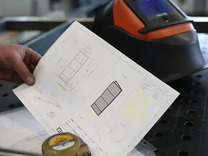 Technische tekening van een stalen raam naast het lasmasker in het atelier
